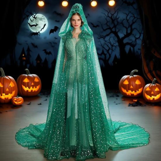 Women Tulle Hooded Cape with Long Train Sparkling Long Sheer Elf Cloak Gothic Witch Robe Costume for Wedding Bride Halloween Cosplay
