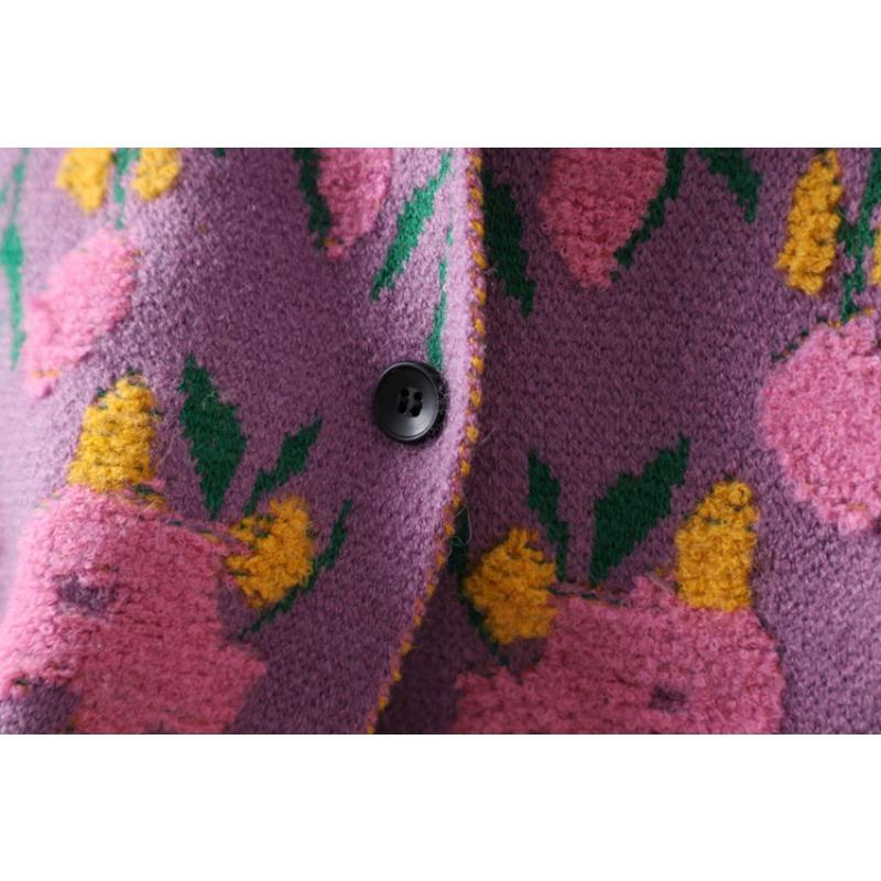 DIMANAF 2025 Цветочные свитера Кардиган Осень Женские с принтом С круглым вырезом Свитера Вязаные Свободные Черный свитер