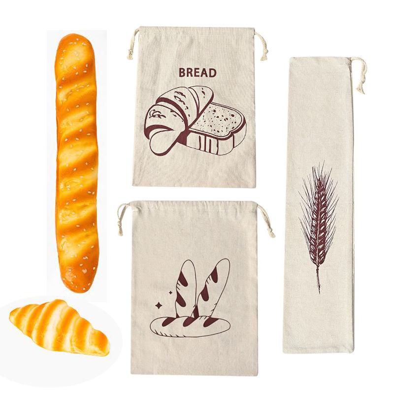 French Stick Bread Storage Bag - Reusable Rustic Linen Bread Pouch Large Drawstring Bread Sack for Bakeries