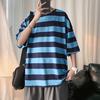 Мужская летняя футболка в полоску подходящего цвета с короткими рукавами и круглым вырезом, свободная повседневная одежда в японском стиле, уличная одежда для подростков, весенний топ