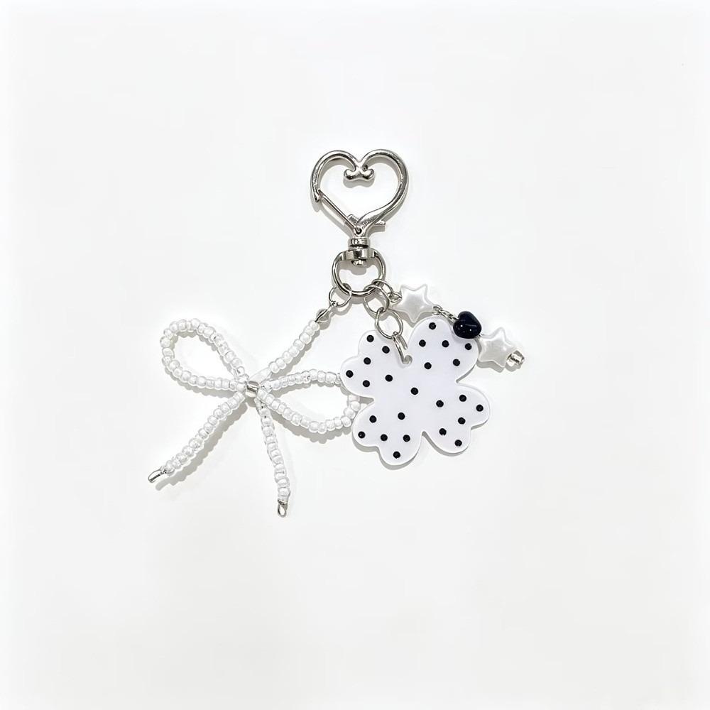 Heart Shape Four Leaf Clover Keychain Beaded Bow Heart Pendant Aesthetic Bag Charm Purse Decor