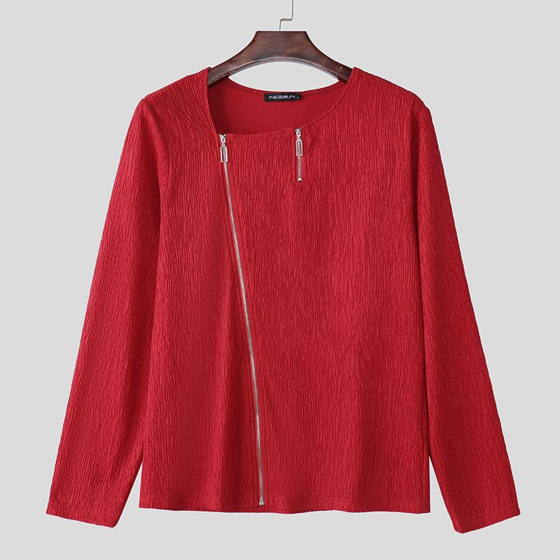 INCERUN Мужские весенние футболки с длинным рукавом на молнии с текстурой