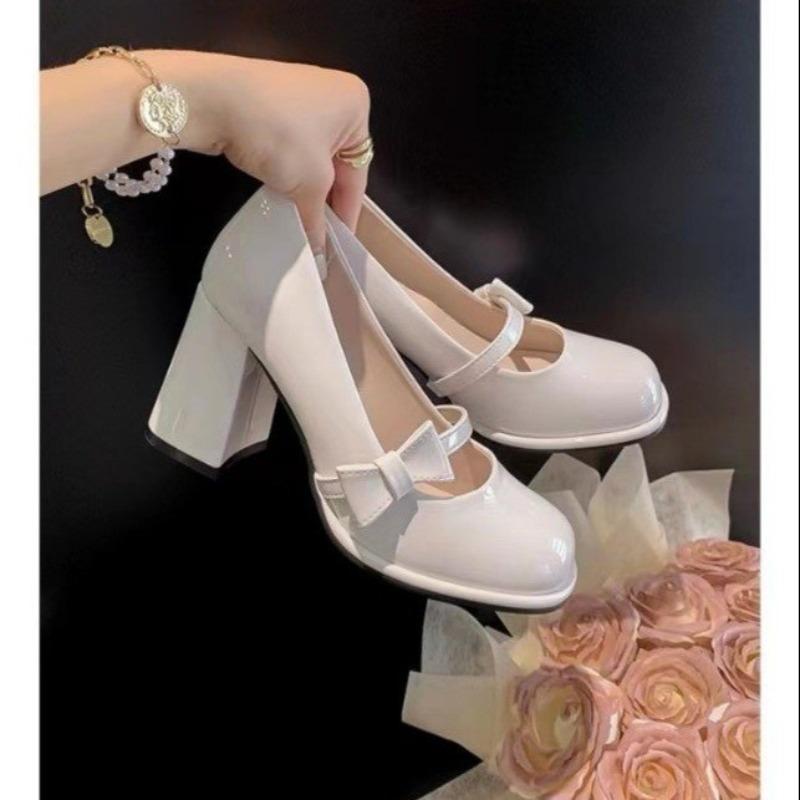 Fashion Square Toe Mary Jane Shoes Women's Spring New Block Heel Pumps with Bows Single Shoes High Heels