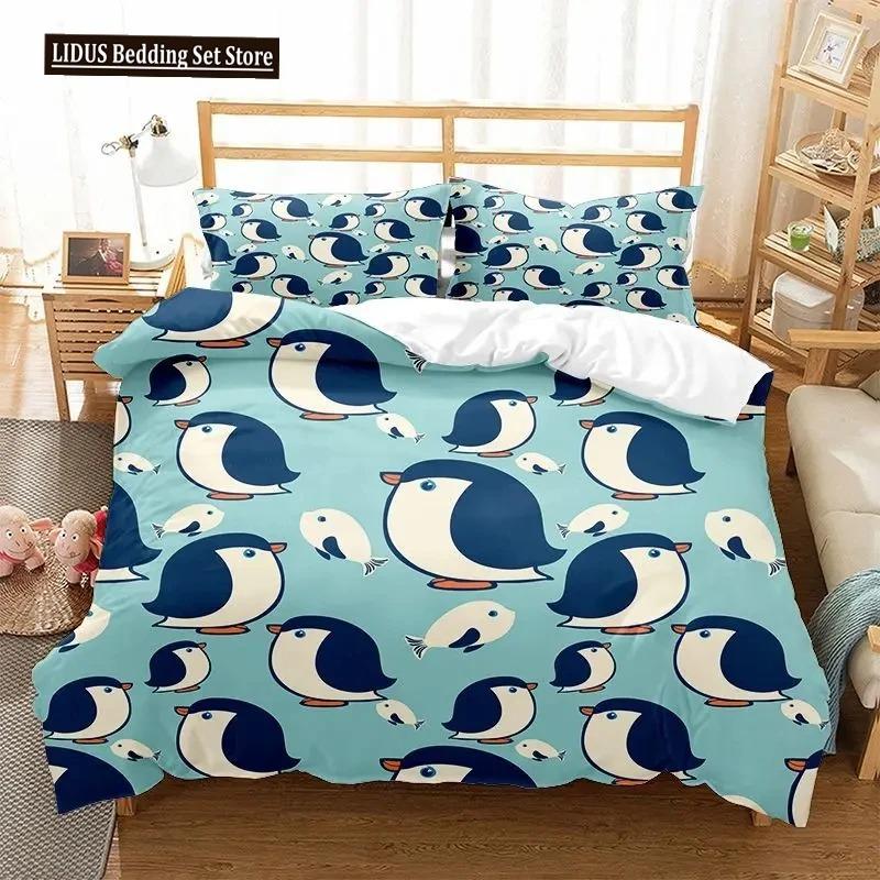 Cartoon Penguin Duvet Cover Collection For Boys Girl Animated Antarctic Animal Polyester Quilt Cover White Black King Queen Size