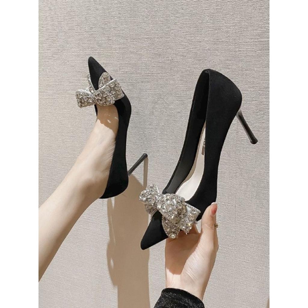 French High Heels Women's 2024 Spring New Rhinestone Bow Crystal Black Temperament Socialite Stiletto Single Shoes Women