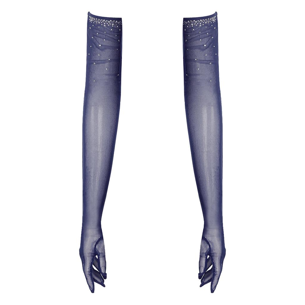 Womens One Pair Mesh Dance Gloves Glittery Rhinestones Five Finger Full Length Gloves Performance Accessory