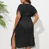 Women Bikini Cover Up Dress Solid Color V-Neck Short Sleeve Elastic High Waist Tassel Patchwork Cover Up Dress
