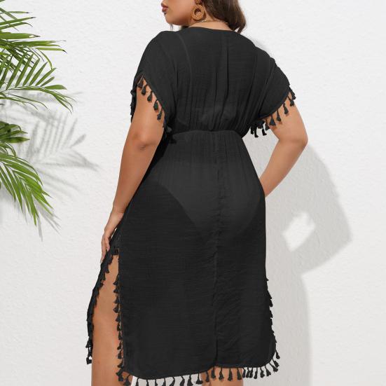 Women Bikini Cover Up Dress Solid Color V-Neck Short Sleeve Elastic High Waist Tassel Patchwork Cover Up Dress