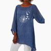 Women Casual Print 3/4 Long Sleeve Thin Top Fashion Loose Shirt Plus Size Round Neck Linen Shirt