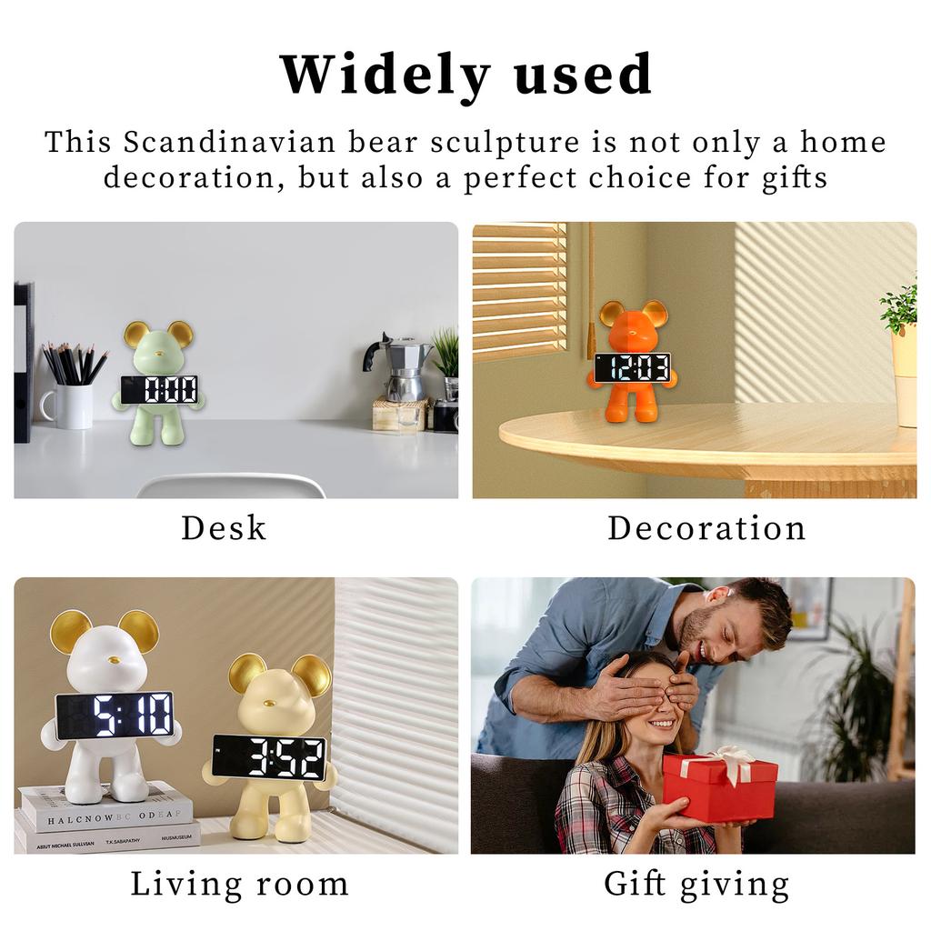 Resin Bear Alarm Clock Desktop Ornament Nordic Bear Decoration Battery/Plug-in Use Handicrafts Holiday Gifts for TV Wine Cabinet