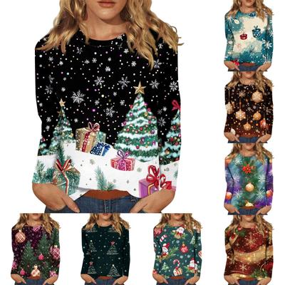 Женский модный повседневный топ с длинными рукавами и рождественским принтом с круглым вырезом Топ с длинными рукавами