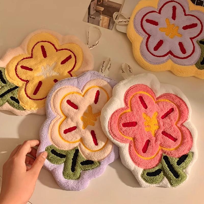 Flower Shape Hand Towel Super Absorbent Cleaning Cloth Bathroom Kitchen Hanging Hand Wipe Thicken Handkerchief Dishcloth