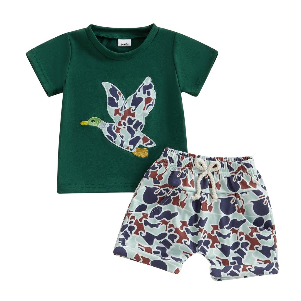 Boys Summer Shorts Sets Short Sleeve O Neck Duck Embroidery Tops and Camouflage Shorts Sets