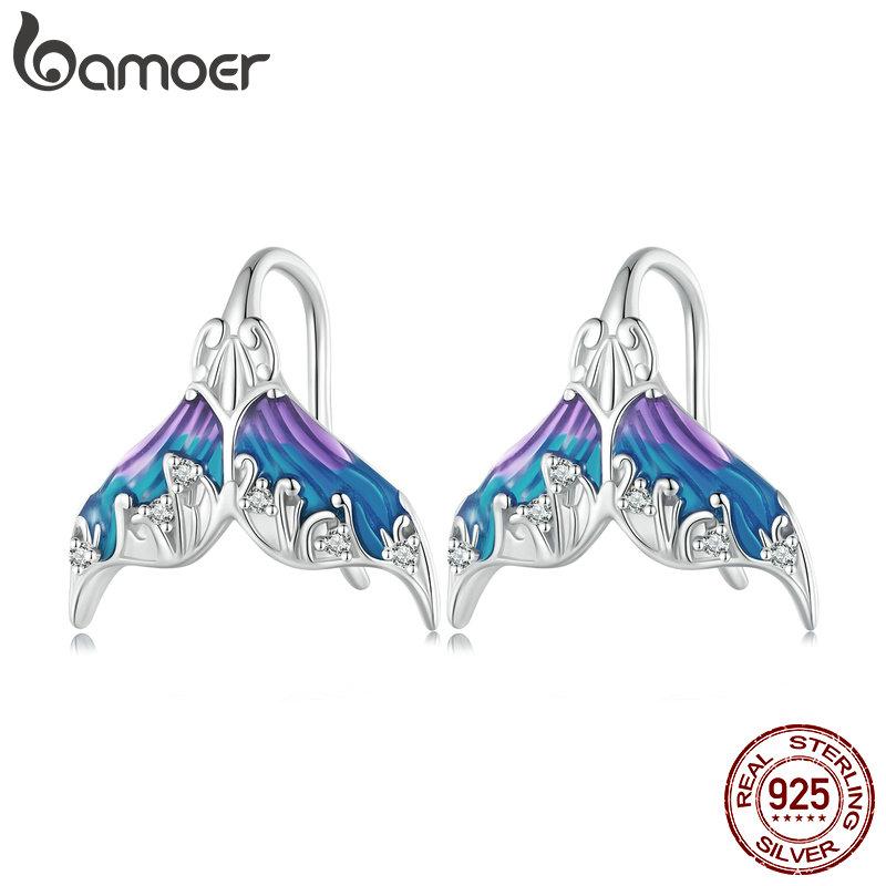 BAMOER стерлингового серебра 925 пробы Фэнтезийный хвост русалки серьги с синей эмалью для женщин вечерние ювелирные изделия в подарок