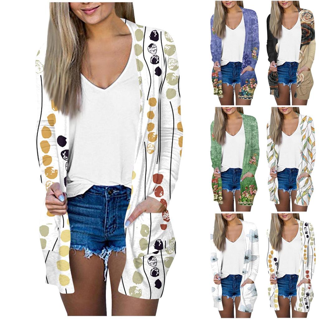 Women's Fashion Loose Casual Pocket Flower Print Long Sleeve Cardigan Jacket Tops