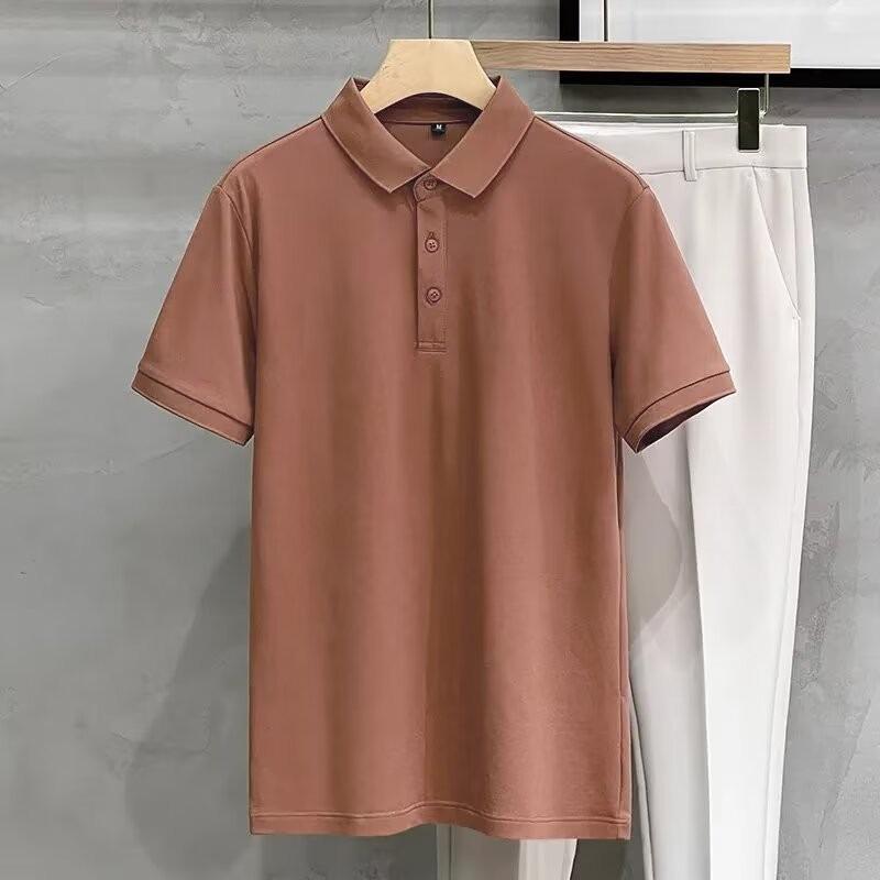 2025 Мужская модная однотонная рубашка-поло Slim Fit - короткий рукав, лацкан, универсальный повседневный верх