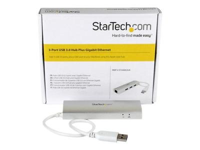 STARTECH Портативный USB 3.0 хаб - 3 порта со встроенным кабелем - USB 3.0 концентратор плюс Gigabit Ethernet - Алюминий