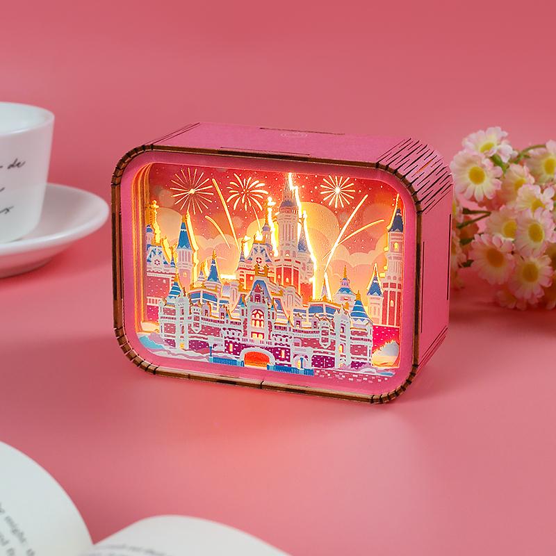 Factory  Pink Romantic Ambiance Diy Assembled Model Cute Wooden Carved Lamp Wooden Night Light Customization