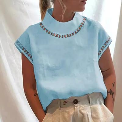 Женские повседневные блузки из хлопка и льна с круглым вырезом, весенние ажурные офисные топы, летние свободные рубашки с коротким рукавом в винтажном стиле