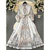 French Style Vintage Court Style Print Lantern Sleeve Long Dress Dress Women's Shoelace Waist-Tight Figure Flattering Wide Hem Long Dress