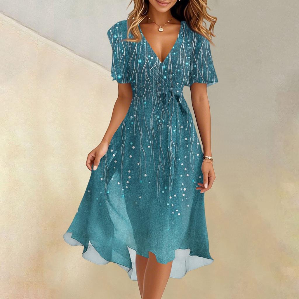Women's Summer Fashion V-Neck Flared Dress Short Sleeve Floral Dresses