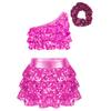 Girls One Shoulder Shiny Sequins Tiered Ruffles Crop Top Skirted Shorts Culottes Hair Tie Dance Outfit