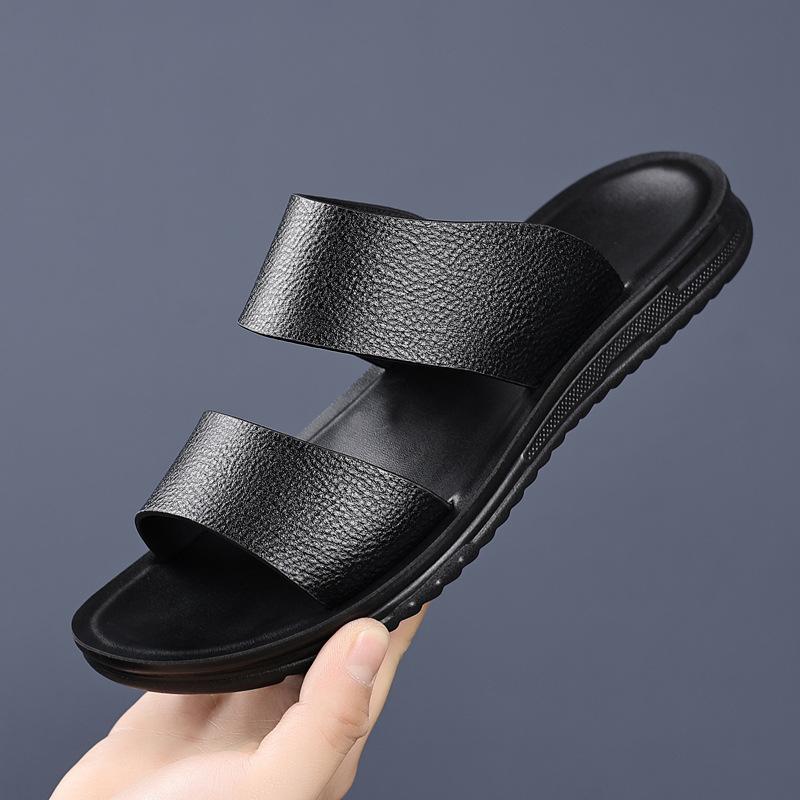 Luxury Cowhide Men's Slippers 2025Summer New Casual Slippers Outdoor Non Slip Flat Sandals Comfort Open Toe Beach Shoes for Men