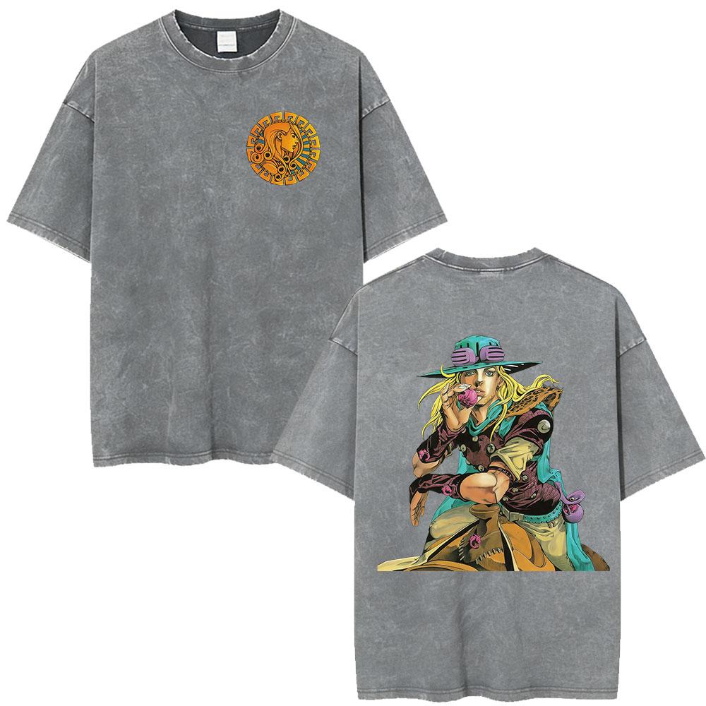 Аниме JoJo's Bizarre Adventure Джонни Джостар STEEL BALL RUN Винтажная футболка с кислотной стиркой Мужская Женская Хлопковая с короткими рукавами Футболка