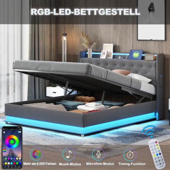 Adult Bed LED Upholstered 140x200cm with USB Charging Connection Double And Hydraulic Storage Skin-Friendly Linen Fabric Gray Children