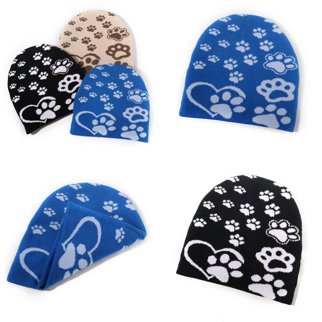 Simple Style Paw Print Knit Hat With Acrylic For Outdoor Activities And Winter Protection