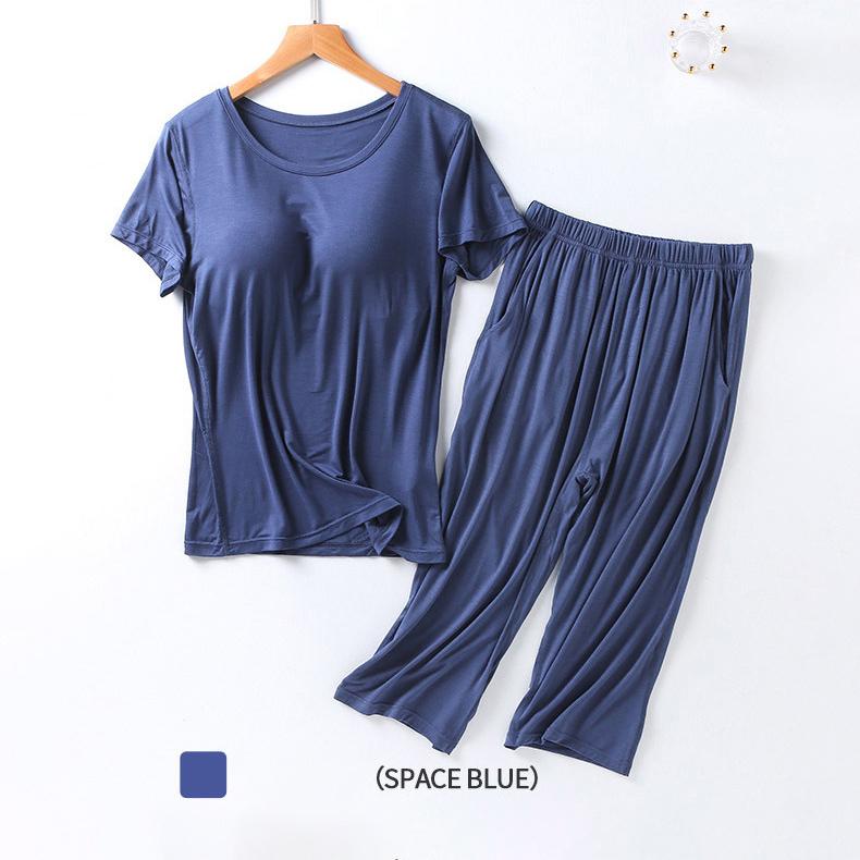 Летняя новая женская пижама из модала 2025 года, костюм из двух частей с нагрудной подкладкой, укороченные брюки с короткими рукавами, комплект для домашнего обихода больших размеров
