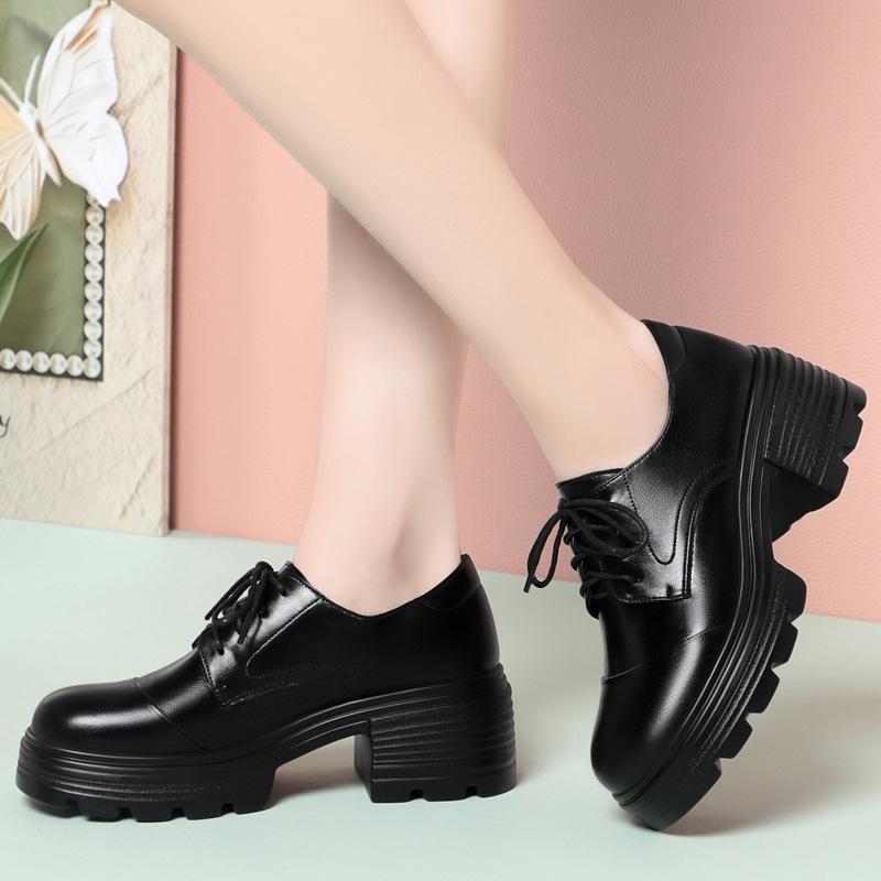 Платформа Британские женские кожаные туфли модный зарубежный стиль на шнуровке толстый каблук женские туфли новые удобные одинарные туфли