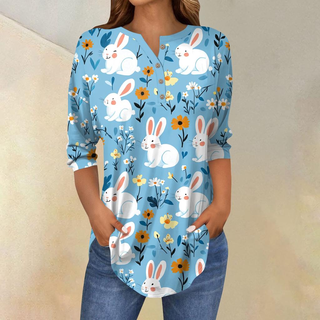 Women's 3/4 Sleeve Easter Egg Bunny Print Button Collar Fashion Casual Top