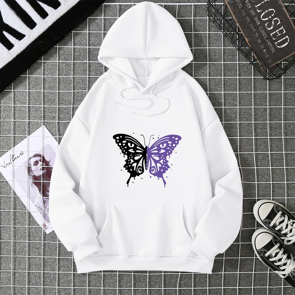Top Casual Soft Women Hoodie White and Purple Butterfly Personality Funny Women Fashion Wool Hoodie Loose Sports Shirt