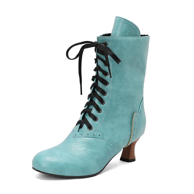 Мода 2026 Новые Женские Туфли на Высоком Каблуке со Шнуровкой Странные Ботинки в Стиле Стимпанк Викторианские Ботильоны Женские Ботинки с Острым Носком на Толстой Подошве