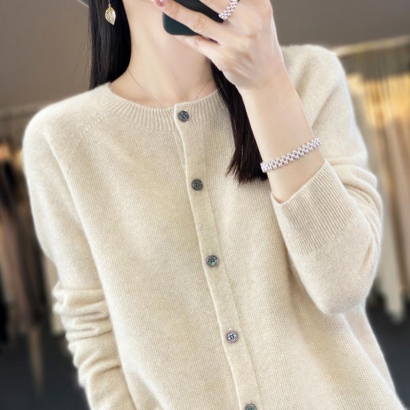 Knitted Cardigan Women's Spring and Autumn Simple Loose Sweater Coat Round-neck Long-sleeved Casual Sweater Cardigan