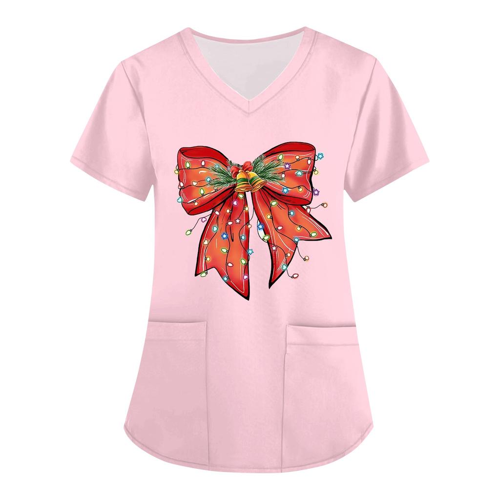 Women's Christmas Printed Uniform Work Uniform V-Neck Pocket Protective Work Uniform