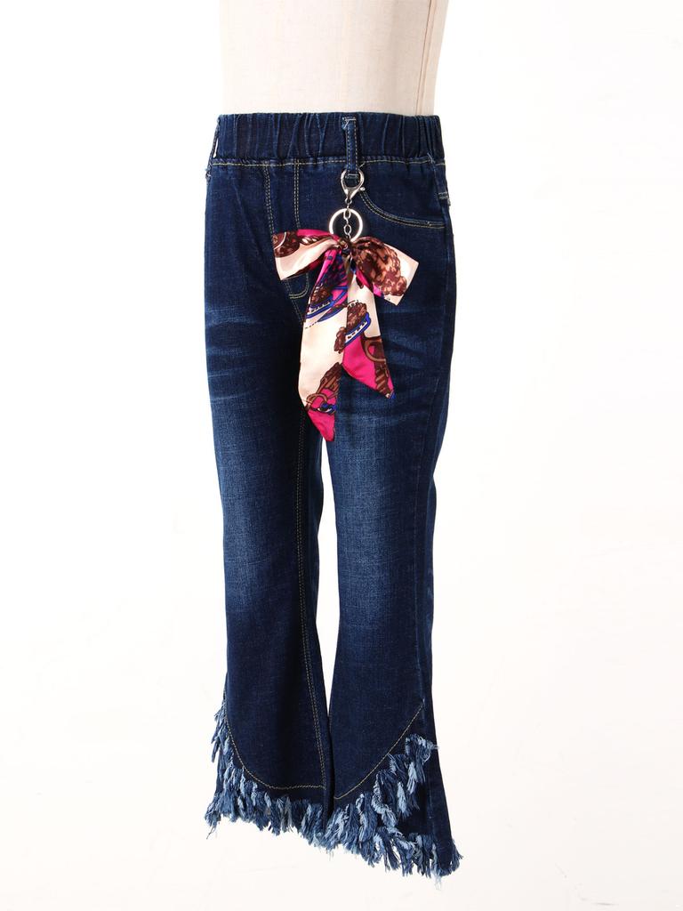Детские длинные брюки для девочек, расклешенные джинсы, повседневные джинсовые брюки с бантом и кисточками, брюки-клеш