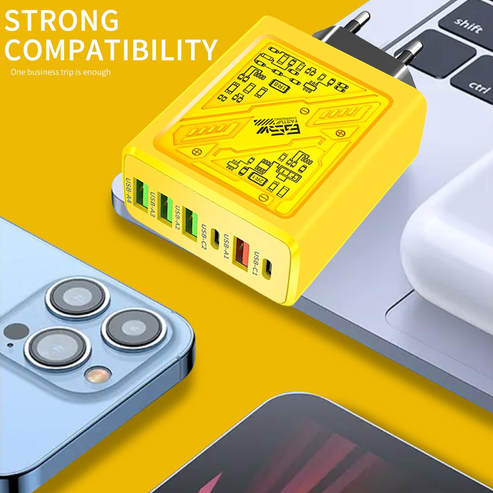 Total 65W 6 In 1 4 USB 2 Type C Fast Charging Wall Charger For iPhone Samsung Xiaomi Mobile Phone Charger Power Adapter