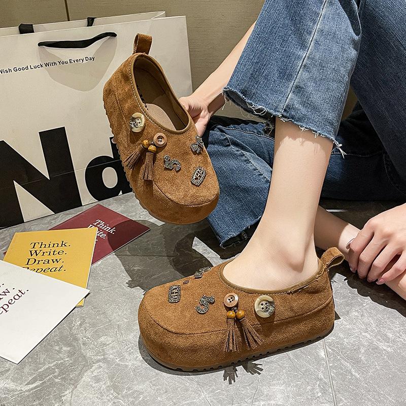 Women's Autumn Fringed Metal Inner Height-increasing Single Shoes with One Pedal and Big Head Women's Shoes