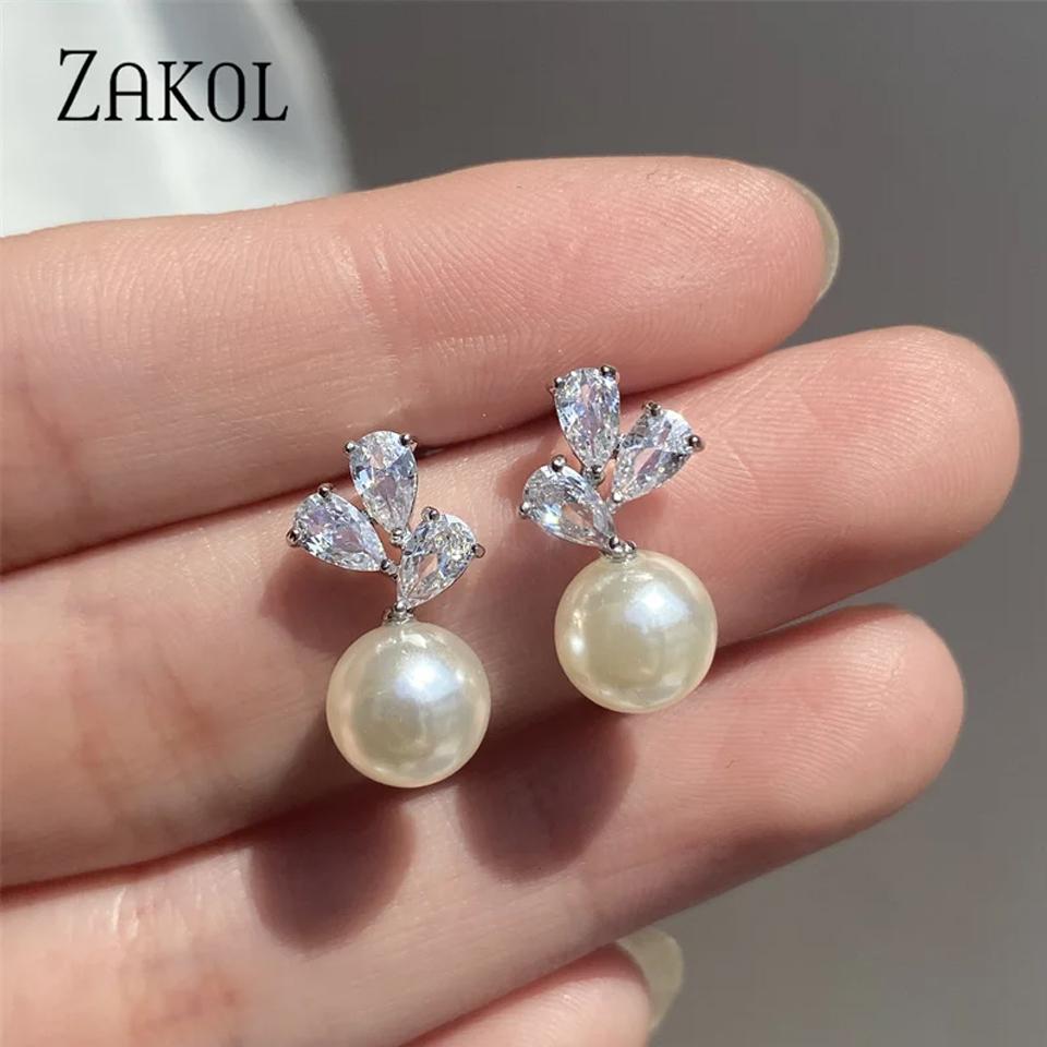ZAKOL Cute Round Imitation Pearl Stud Earrings For Women Teardrop Zircon Bridal Earring Exquisite Wedding Party Jewelry