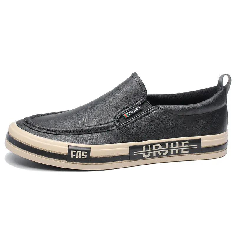 Flat Round Toe Leather Loafers Shoes for Men Retro Pu Classic Original 2025 Trend Man Casual Shoe Legitimate Low Price Cowhide