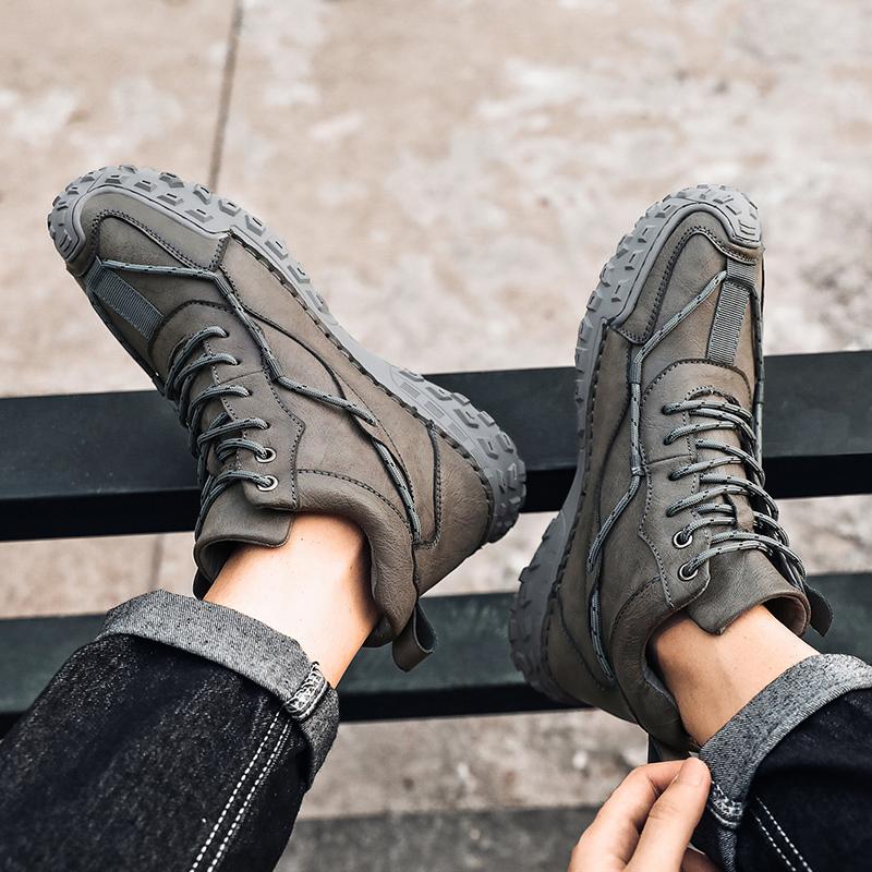 38-46 Модные зимние ботинки для мужчин, плюшевые кожаные ботинки с ручным швом, высокие походные ботинки, нескользящие, теплые, мужские ботинки, большие