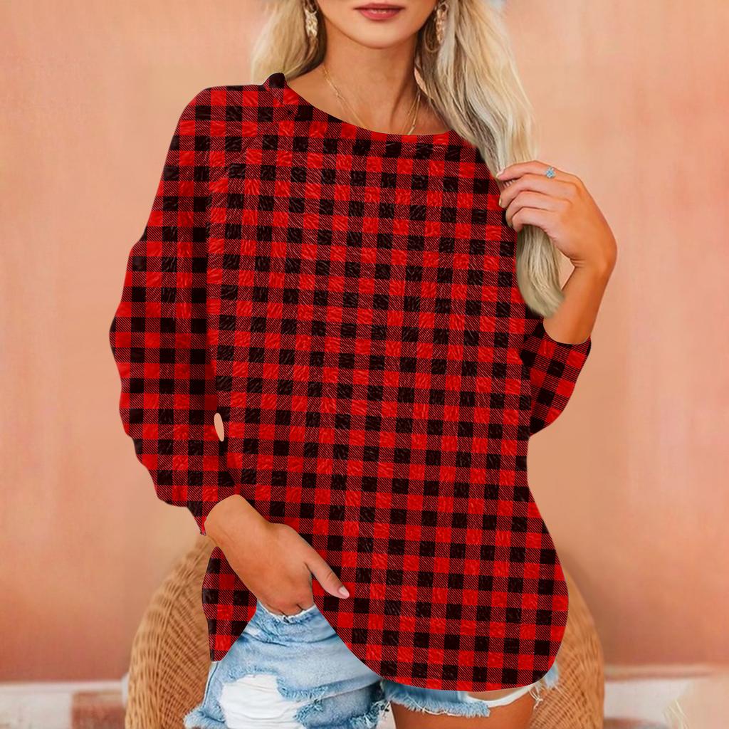 Women's T Shirt Flannel Print Tunic Long Sleeve Party  Round Neck  Tops