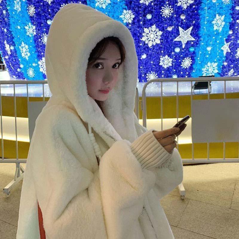 Женская модная теплая куртка из искусственного меха с капюшоном, свободное милое плюшевое пальто средней длины, свободное пальто осень-зима