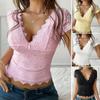 Spring and Summer Women's Sexy Deep V Slim Neckless Knit Embroidered Short Sleeve Top