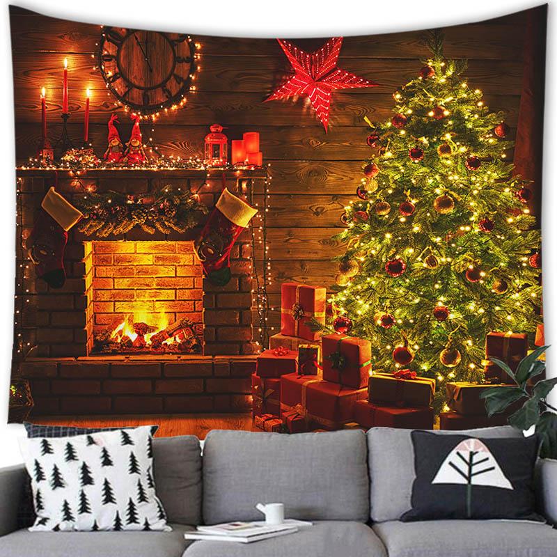Merry Christmas Christmas Tree Fireplace Printed Pattern Tapestry Home Living Room Bedroom Background Wall Decoration Tapestry