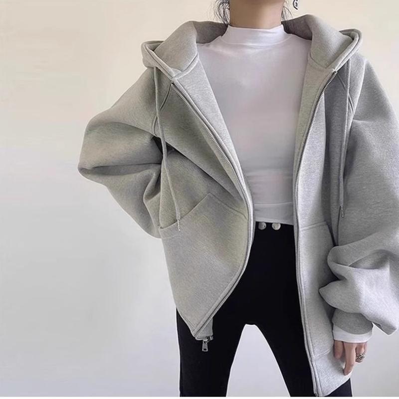 Осень-зима женская толстовка с капюшоном однотонная свободная толстовка с капюшоном женская корейская повседневная куртка на молнии