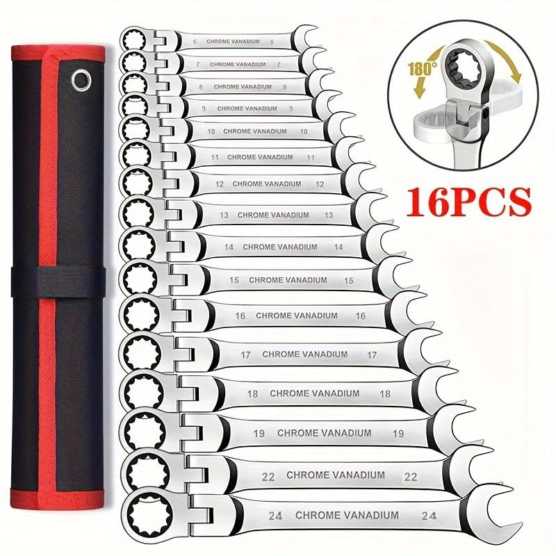 Swing Ratchet Wrench Set with Flex Ratchet Gear Wrench Automotive and Bicycle Repair Various Combination Ratchet Torque Ratchet Wrench 16-Piece Case,