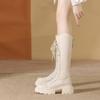Белые сапоги женские зимние новые сапоги-рыцари на платформе толстый каблук шнуровка женские сапоги универсальная женская обувь